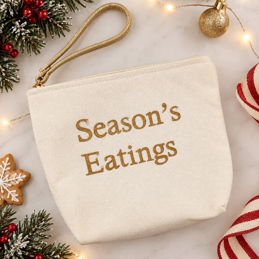 Season’s Eatings Christmas Wristlet Bag Cream Canvas Gold Holiday Gift